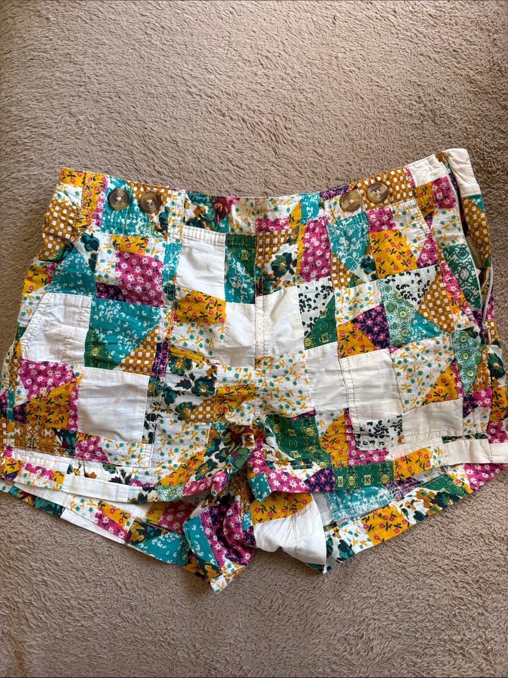 Pilcro High-Waist Patchwork Cotton Shorts in Teal, Yellow & Pink